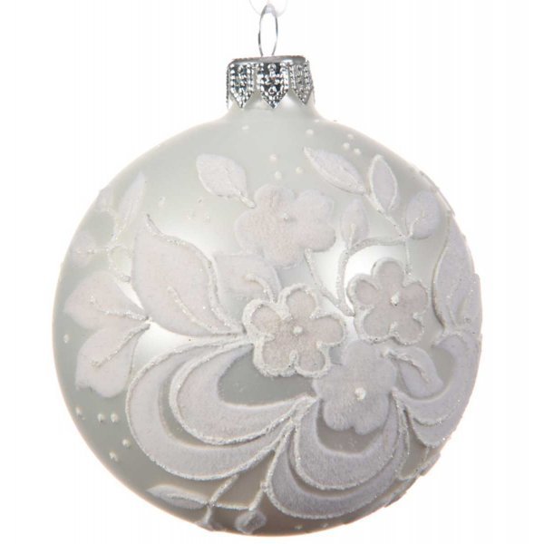 Χριστουγεννιάτικη Γυάλινη Μπάλα Ασημί, με Λευκά Λουλούδια (8cm)